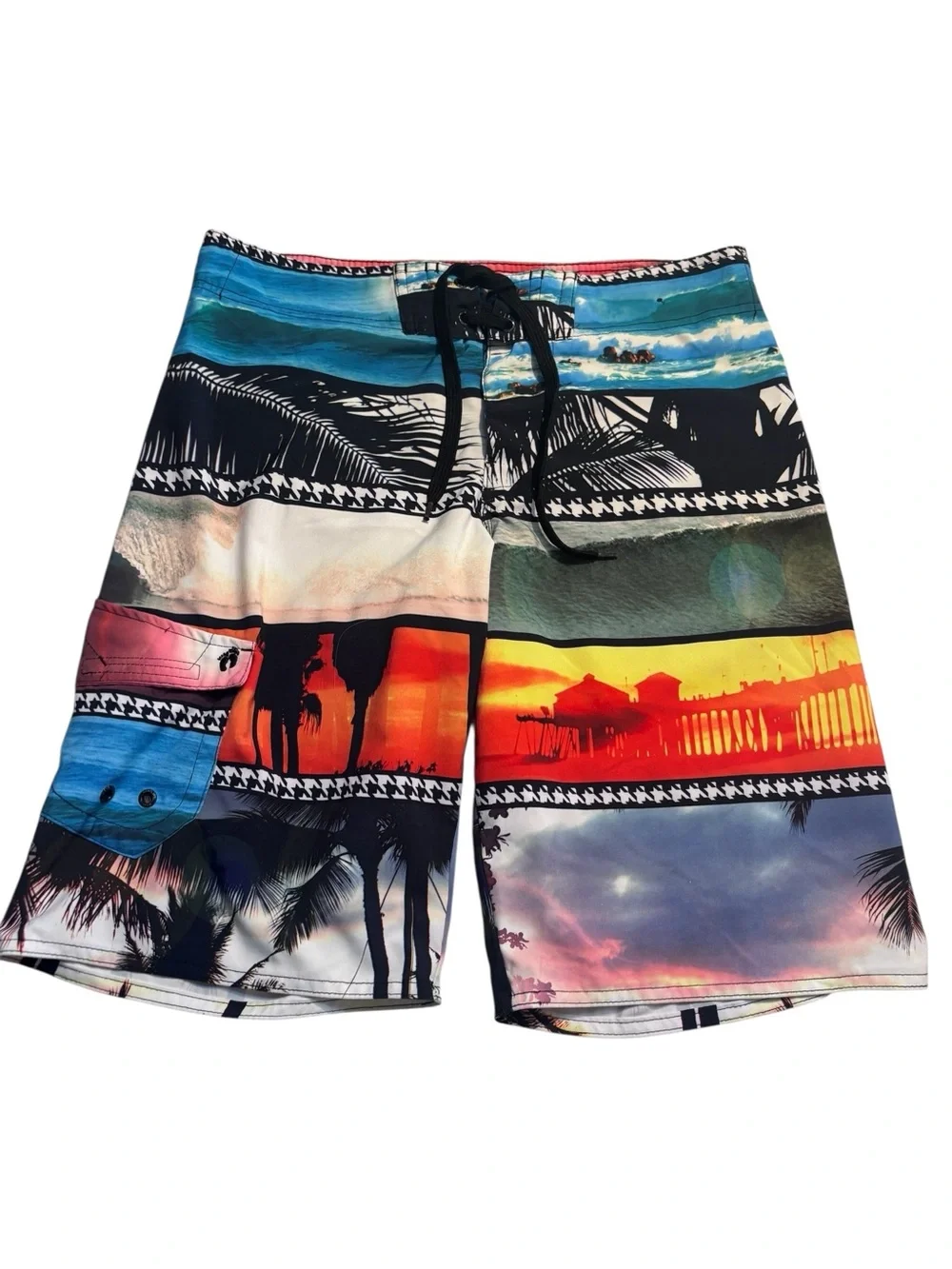 Hang Ten Board Shorts Mens Small MultiColor Tropical Print Mesh Lined  Tie Waist